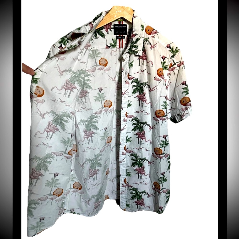 Denim & Flower Flamingo Casual Button Down Short-Sleeve Shirt Men’s Size L - Picture 2 of 11